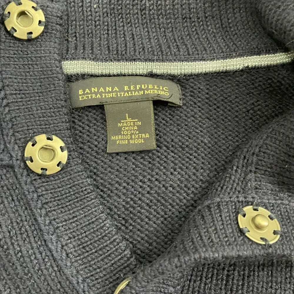 Banana Republic 1/4 Snap‎ Sweater Men L Navy Merino Wool Mock Neck Knit Pullover